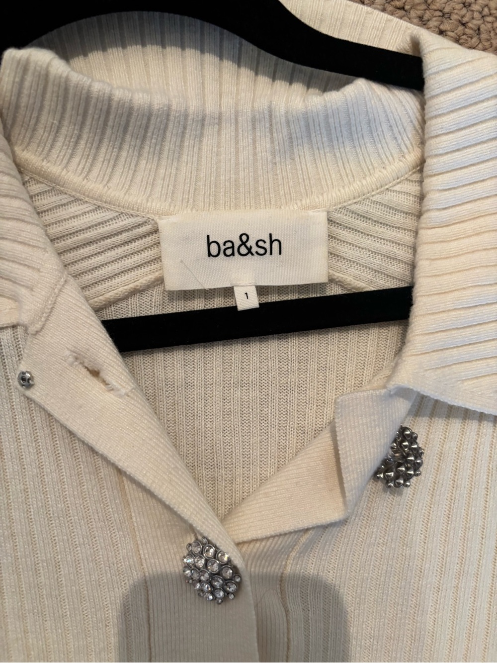 ba&sh Cream Ribbed Polo Sweater with Rhinestone Buttons - Picture 7 of 9